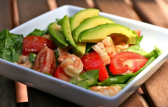 Shrimp, Walnut, Avocado Salad with Light Balsamic Vinaigrette